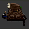 Vintage Brown Leather Backpack with Multiple Pockets Rolled Paper and Small Bottles