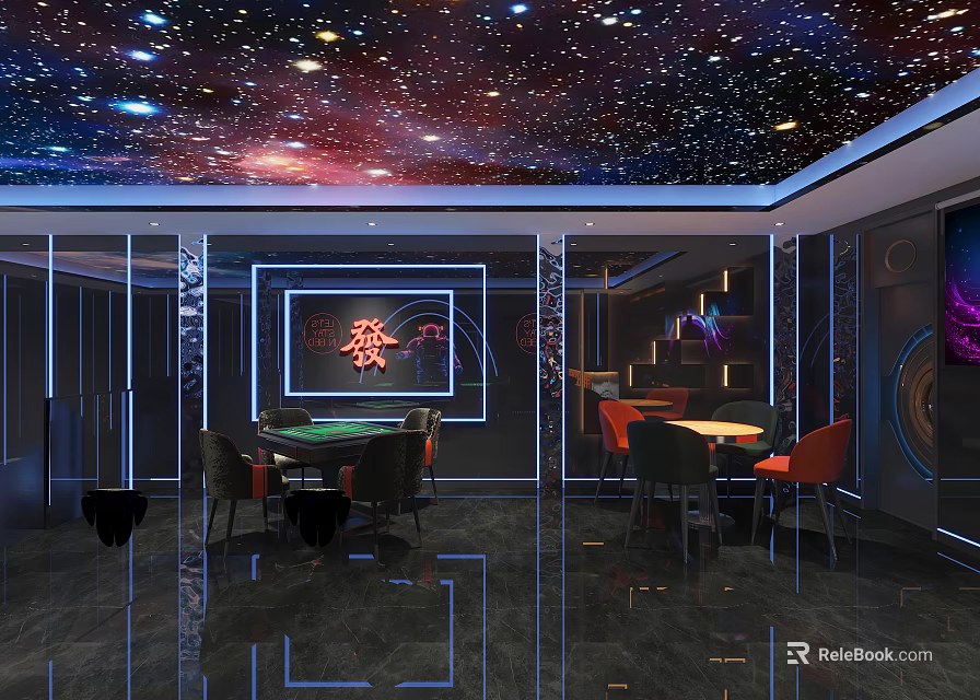 Elegant KTV Interior With Starry Sky Ceiling And Dining Tables Chairs 3d model 