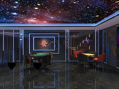 Elegant KTV Interior With Starry Sky Ceiling And Dining Tables Chairs 3d model