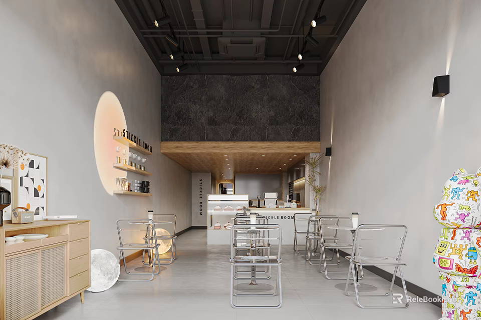 Modern Café Interior With Gray Walls Black Ceiling Metal Tables Bar Counter And Circular Decor 3d model 