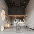 Modern Café Interior With Gray Walls Black Ceiling Metal Tables Bar Counter And Circular Decor
