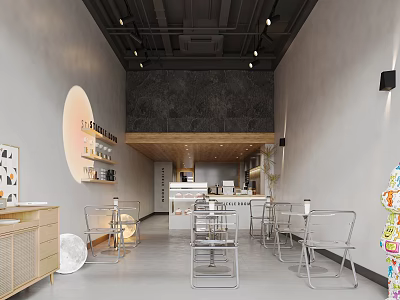 Modern Café Interior With Gray Walls Black Ceiling Metal Tables Bar Counter And Circular Decor 3d model