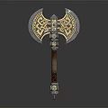 Ornate Decorative Axe With Intricate Gold Blue Patterns And Brown Handle