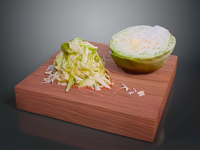 Fresh Green Cabbage Halved with Shredded Pieces on Wooden Cutting Board 3d model