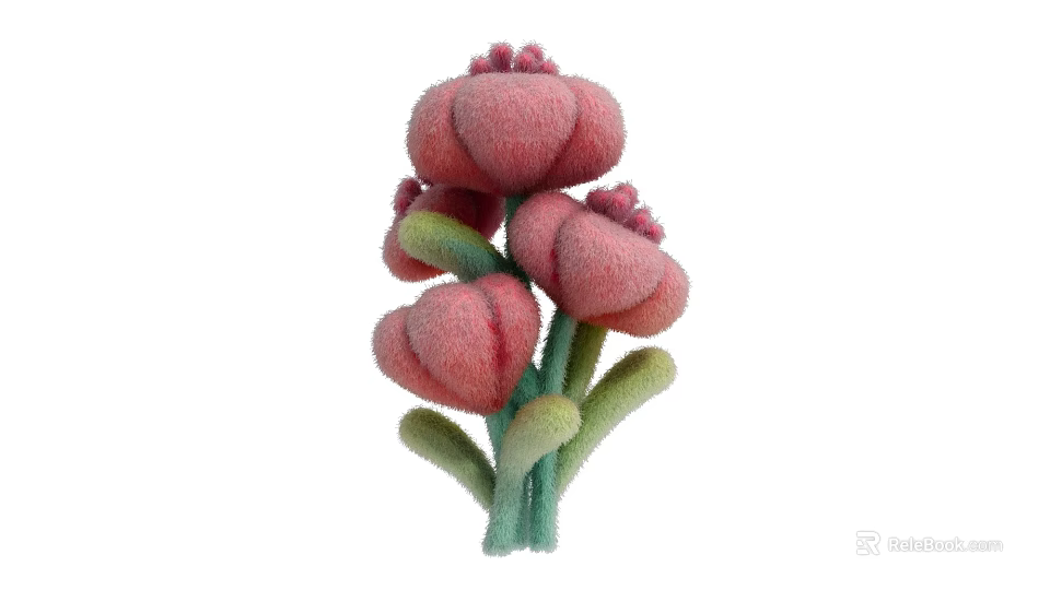 Soft Plush Pink Flowers Art Installation With Green Stems and Leaves 3d model 
