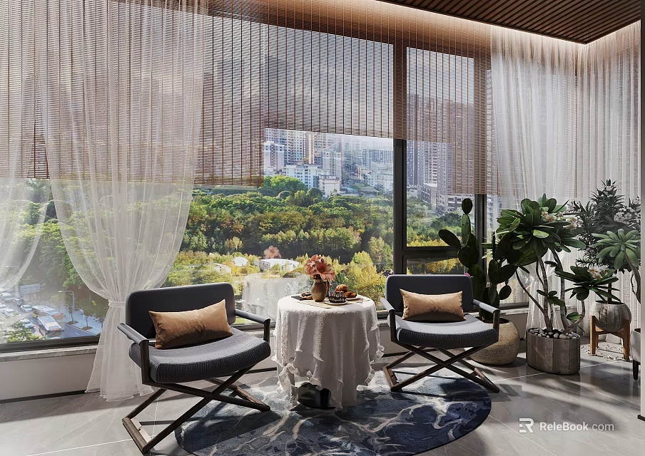 Modern Armchairs in Living Room with City Park View Round Table White Curtains Green Plants 3d model 