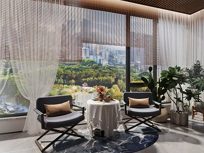 Modern Armchairs in Living Room with City Park View Round Table White Curtains Green Plants 3d model