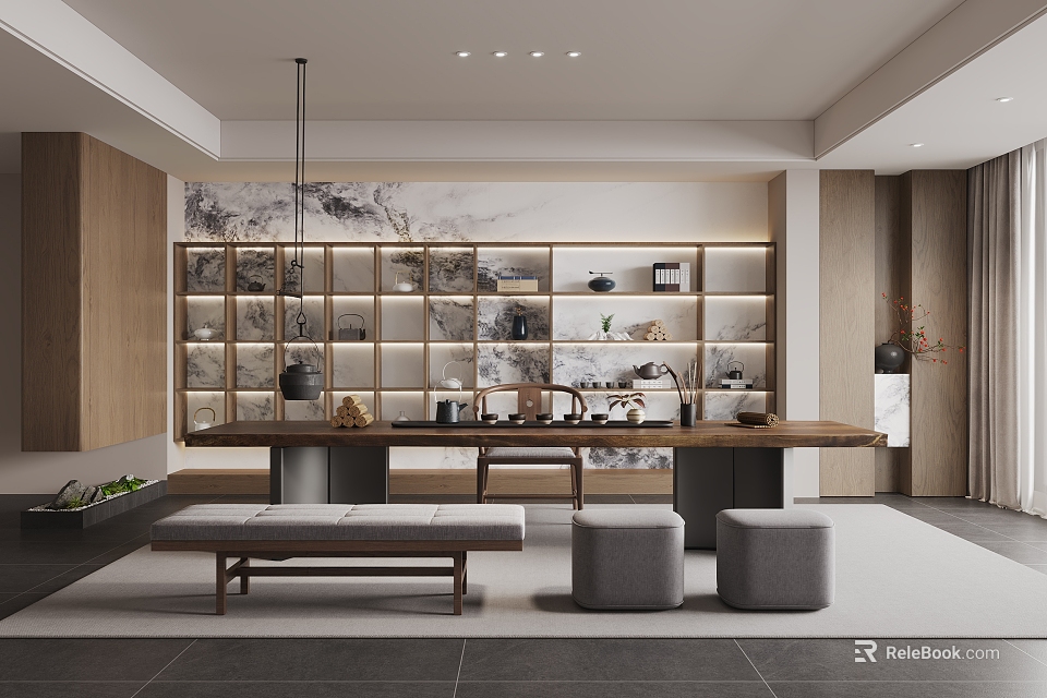 Modern Chinese Tea Room With Long Table Seating And Decorations 3d model 