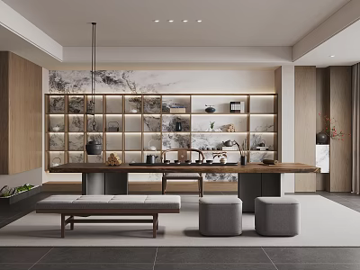 Modern Chinese Tea Room With Long Table Seating And Decorations 3d model