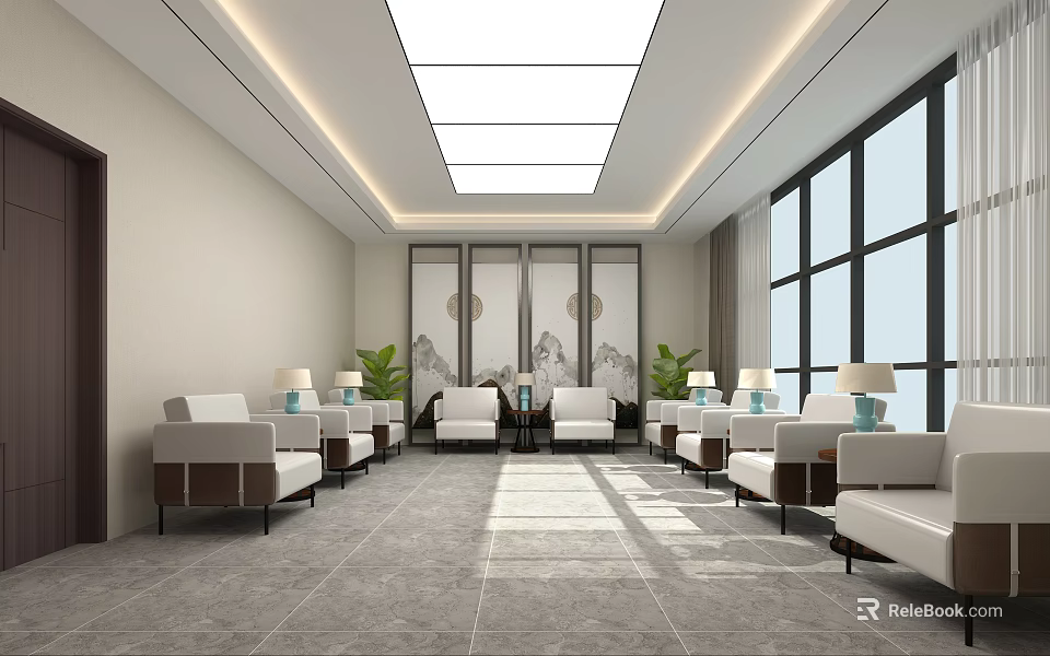 Modern Hotel Public Lounge With White Sofas Green Plants And Large Windows 3d model