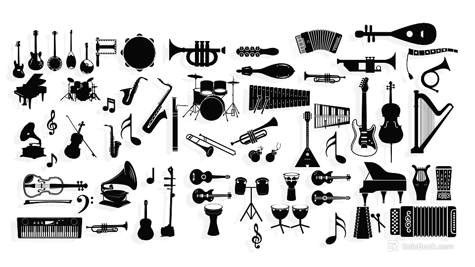 Various Musical Instrument Silhouettes With Trumpet Guitar Piano And Notes 3d model 
