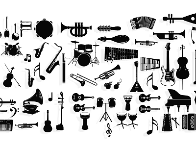 Various Musical Instrument Silhouettes With Trumpet Guitar Piano And Notes 3d model