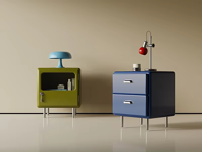 Modern Green And Blue Bedside Tables With Cabinet Drawers And Colored Lamps 3d model