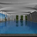 Modern Indoor Swimming Pool with Curved Ceiling Large Windows City View and Blue Water