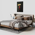 Modern Double Bed With Headboard Cushions Nightstands Blue Table Lamps And Red Wall Painting