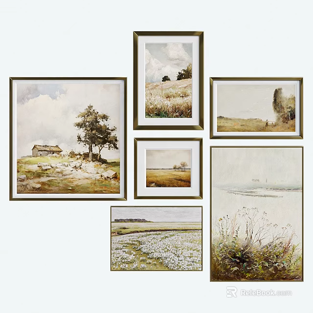 Multiple Framed Landscape Paintings Featuring Cottage Tree Grassland Fields And Seascape Views 3d model 