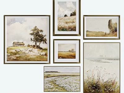 Multiple Framed Landscape Paintings Featuring Cottage Tree Grassland Fields And Seascape Views 3d model