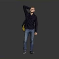 Man In Dark Blue Sweater Jeans With Yellow Backpack Touching Head Against Gray Background