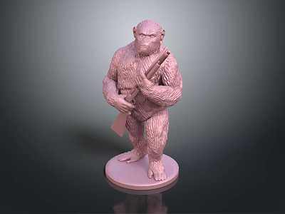 Detailed Pink Ape Figurine 3D Model Holding Rifle On Round Base 3d model