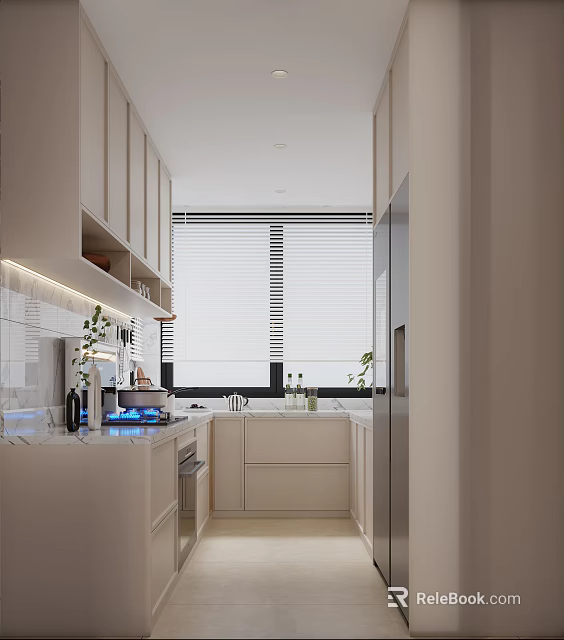 Modern Living Dining Room Interior with Open Kitchen Cabinets Marble Countertop and Blinds 3d model 