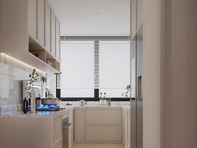 Modern Living Dining Room Interior with Open Kitchen Cabinets Marble Countertop and Blinds 3d model