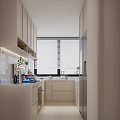 Modern Living Dining Room Interior with Open Kitchen Cabinets Marble Countertop and Blinds