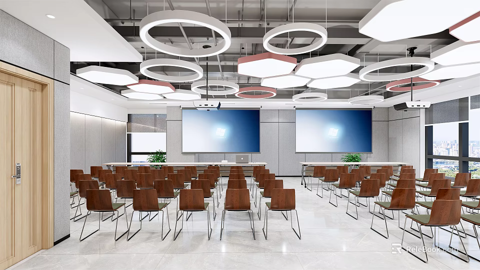 Modern Conference Room Interior With Rows Of Chairs Large Screens And Circular Ceiling Lights 3d model 