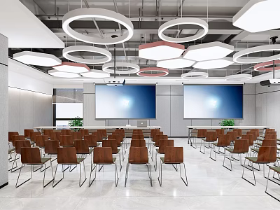 Modern Conference Room Interior With Rows Of Chairs Large Screens And Circular Ceiling Lights 3d model
