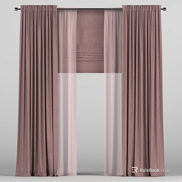 Brown Thick Curtains With White Sheer Layers For Home Window Decor 3d model