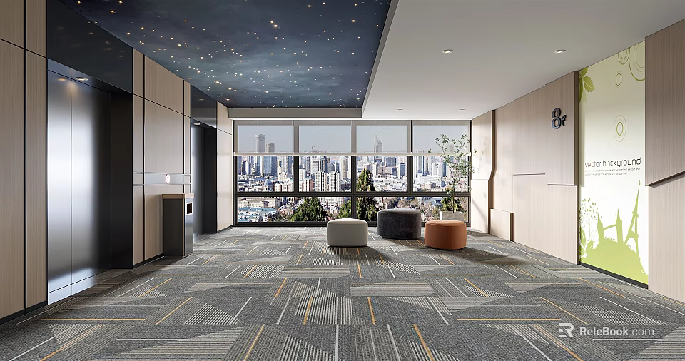 Elevator Lobby With Starry Ceiling Large Windows Cityscape View Modern Furniture And Gray Patterned Carpet 3d model 