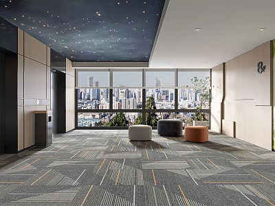 Elevator Lobby With Starry Ceiling Large Windows Cityscape View Modern Furniture And Gray Patterned Carpet 3d model
