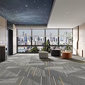 Elevator Lobby With Starry Ceiling Large Windows Cityscape View Modern Furniture And Gray Patterned Carpet 3d model