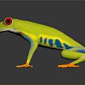 Vibrant Green Frog with Red Eyes Blue Stripes and Yellow Toes on Black Background