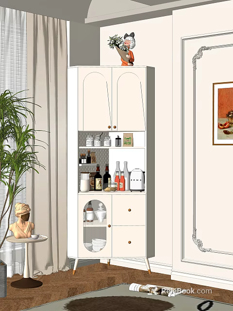 White Sideboard with Storage Cabinets Drawers Kitchen Essentials Green Plant in Modern Interior 3d model 