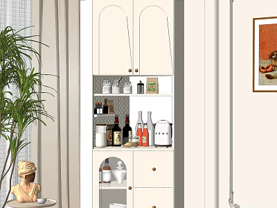 White Sideboard with Storage Cabinets Drawers Kitchen Essentials Green Plant in Modern Interior 3d model