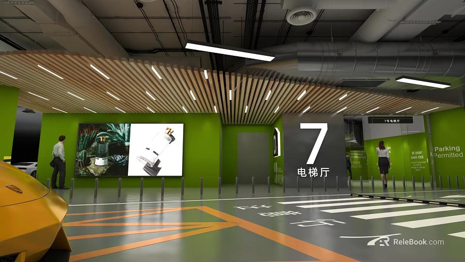Parking Garage Interior With Green Walls Number 7 Elevator Hall Orange Floor Lines And Lighting 3d model 