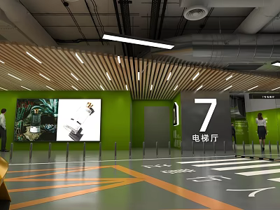 Parking Garage Interior With Green Walls Number 7 Elevator Hall Orange Floor Lines And Lighting 3d model