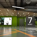 Parking Garage Interior With Green Walls Number 7 Elevator Hall Orange Floor Lines And Lighting