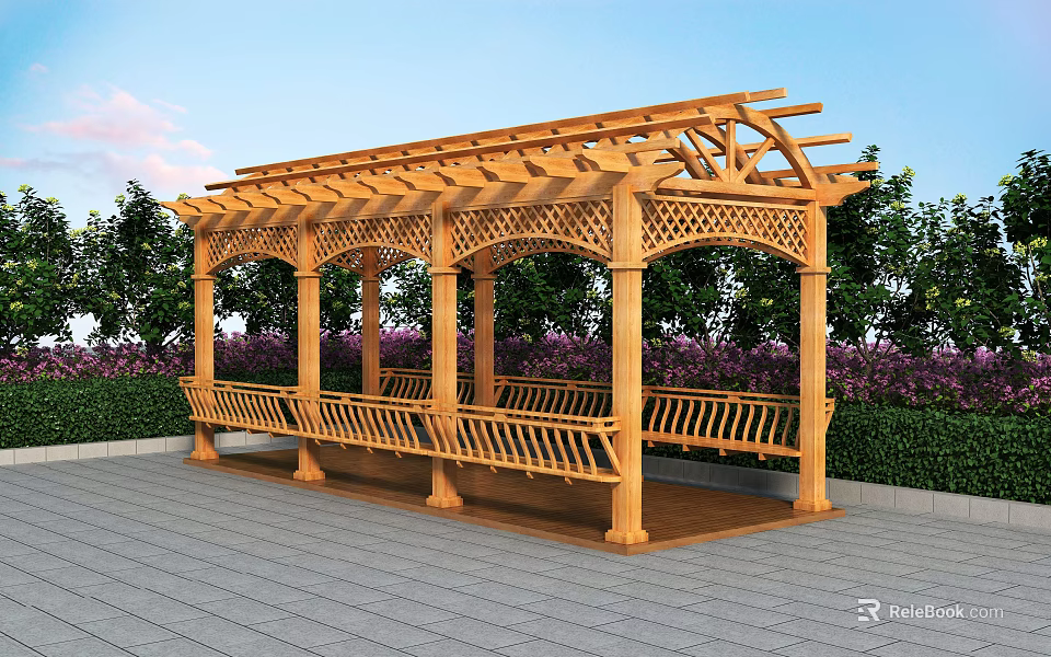 Wooden Pergola With Carved Design Lattice Roof Bench Seating And Green Plants Purple Flowers 3d model 
