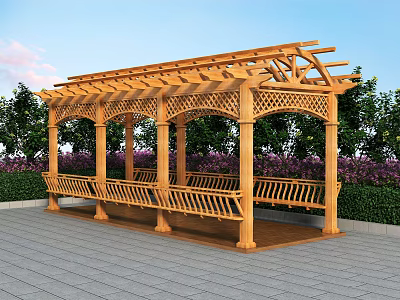 Wooden Pergola With Carved Design Lattice Roof Bench Seating And Green Plants Purple Flowers 3d model
