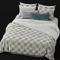 Double Bed Featuring Gray And White Geometric Pattern Bedspread And Green Throw Pillows 3d model