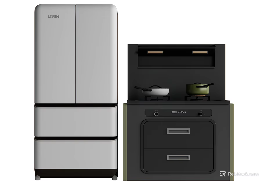 Modern Kitchen Appliances Featuring Sleek Refrigerator And Integrated Cooker For Stylish Kitchens 3d model 
