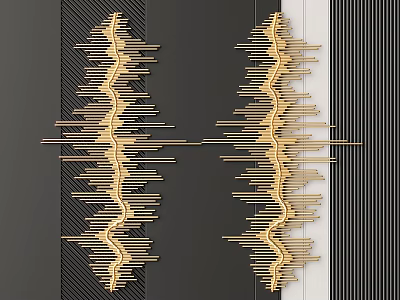 Modern Golden Wavy Metal Wall Decor on Dark and White Striped Background 3d model