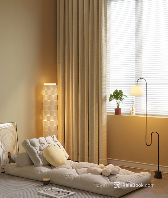 Warm Living Room Interior With Beige Curtains Window Blinds Floor Lamp And Potted Plant 3d model 