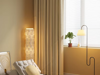 Warm Living Room Interior With Beige Curtains Window Blinds Floor Lamp And Potted Plant 3d model