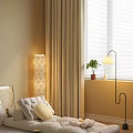 Warm Living Room Interior With Beige Curtains Window Blinds Floor Lamp And Potted Plant