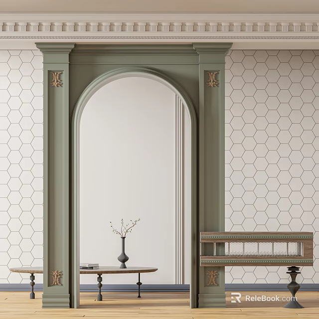 Green Archway with Ornate Carvings Hexagonal Tile Walls Small Table Vase and Books 3d model 