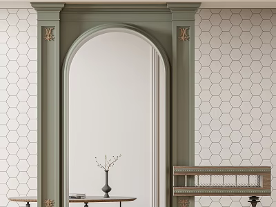 Green Archway with Ornate Carvings Hexagonal Tile Walls Small Table Vase and Books 3d model