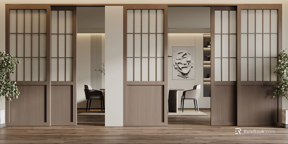 Modern Wooden Sliding Doors With Glass Panels In Dining Area Interior Space 3d model 