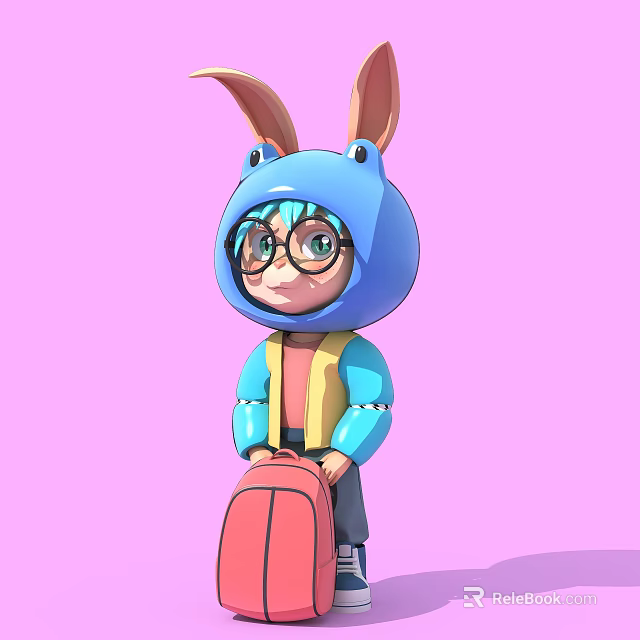 Cartoon Sculpture with Rabbit Ear Hat Frog Eyes and Red Backpack on Pink Background 3d model 